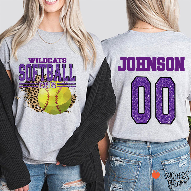 Personalized Mascot And Sport Leopard Faux Glitter Teacher Two Sided T-Shirt