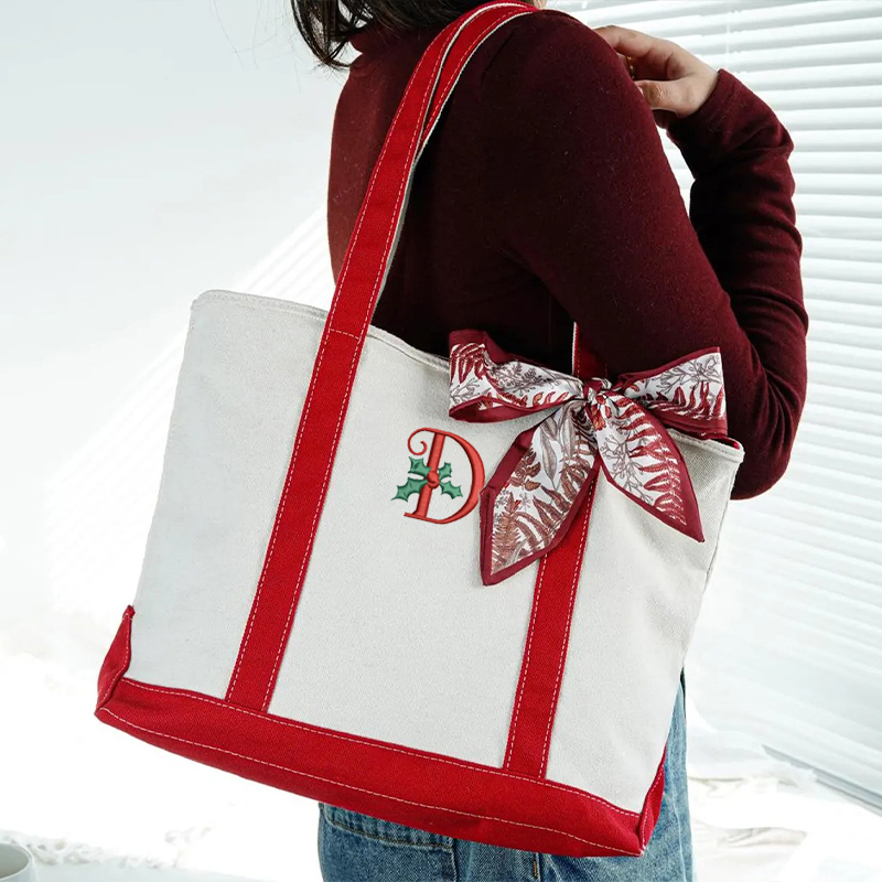 Personalized Letter Christmas Vibe Teacher Canvas Tote Bag