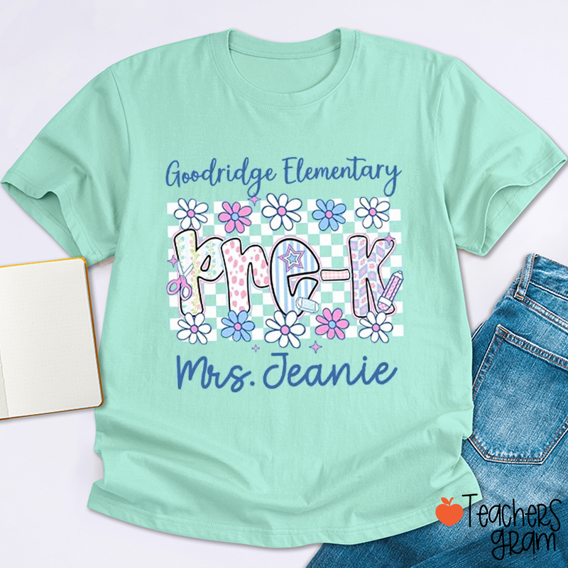 Personalized Name Grade And School Name Checkered Flowers Teacher T-Shirt