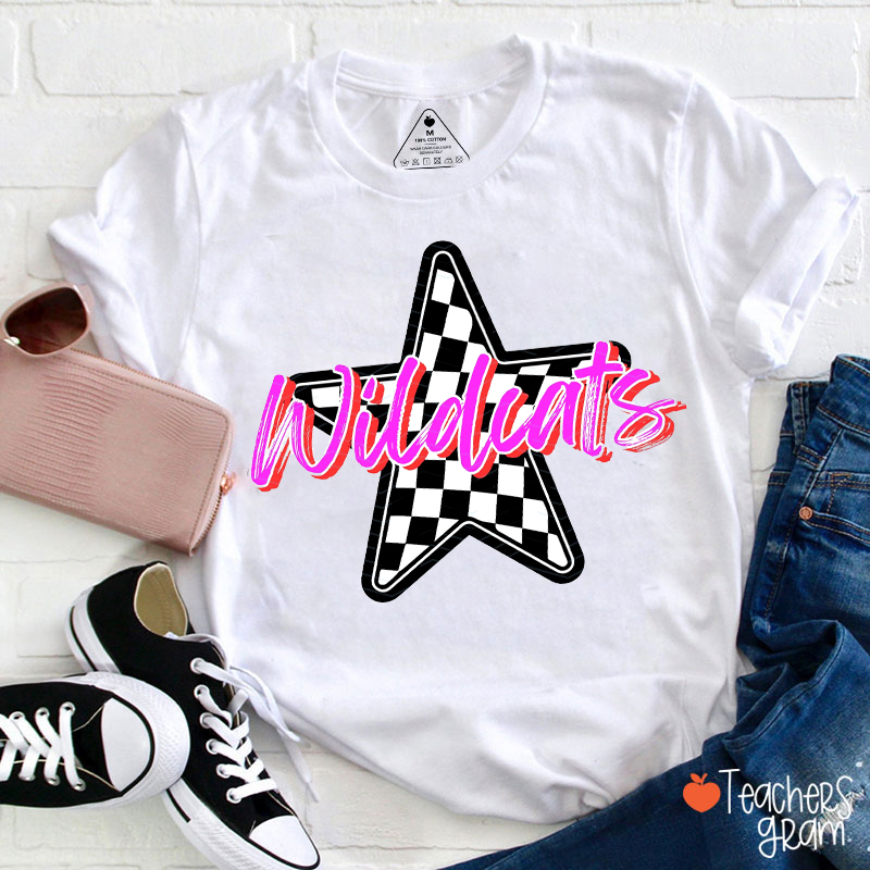 Personalized Mascot Star Checkered Teacher T-Shirt