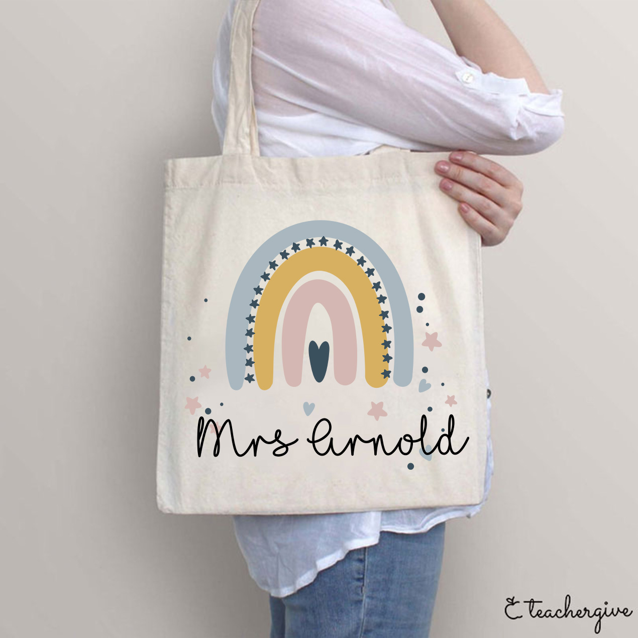 Personalized Rainbow Star Teacher Tote Bag