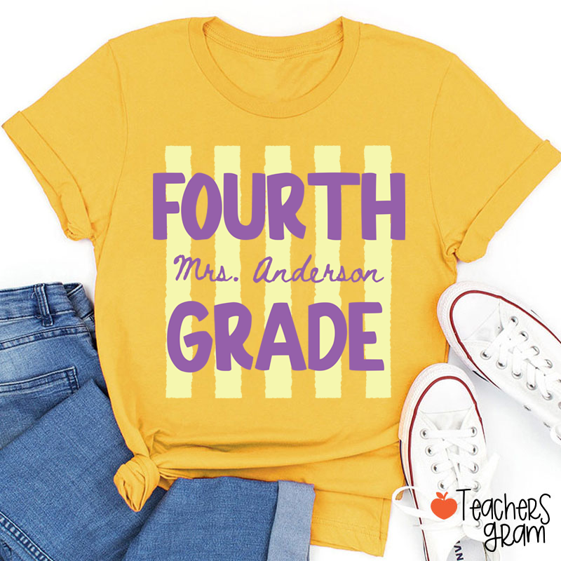 Personalized Name And Grade Preppy Stripes Teacher T-Shirt