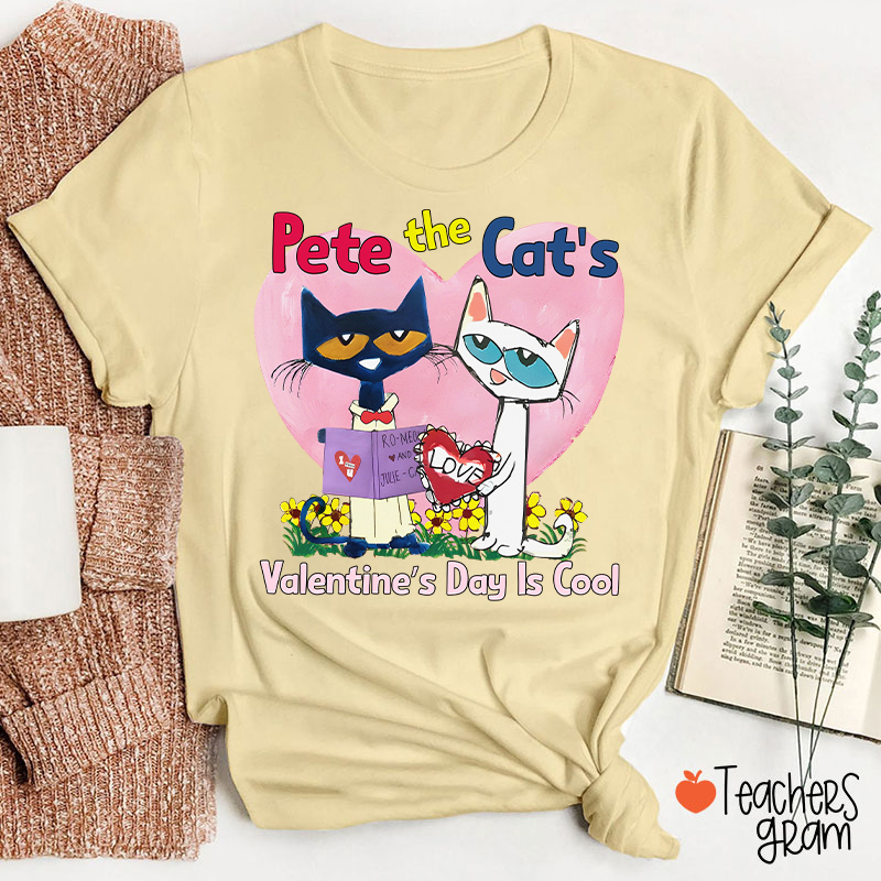 Blue And White Cat Valentine's Day Is Cool Teacher T-Shirt