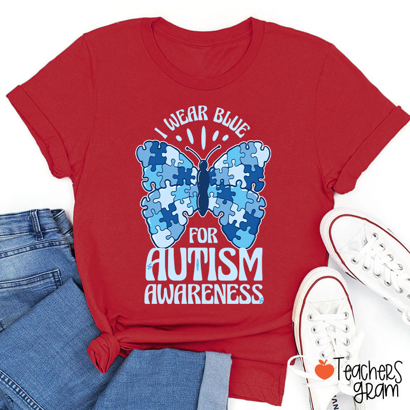 Butterfly Puzzle I Wear Blue For Autism Awareness Teacher T-Shirt
