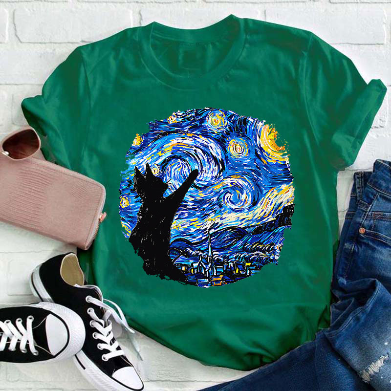 Starry Night And Cat Teacher T-Shirt