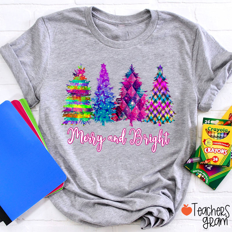 Merry And Bright Colorful Christmas Tree Teacher T-Shirt