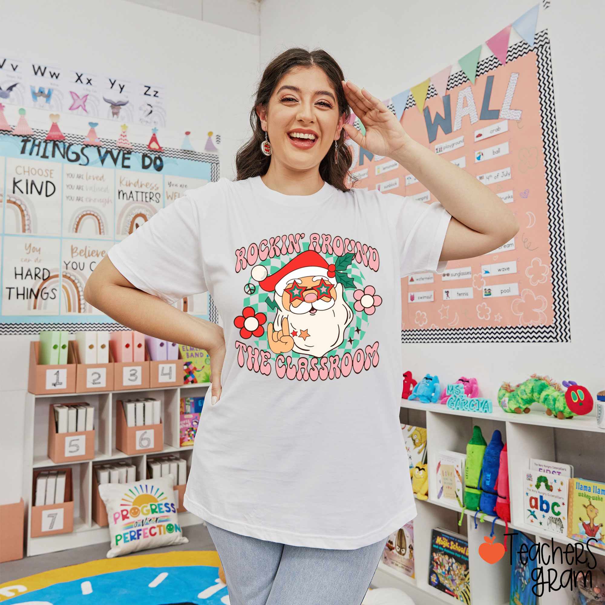 Santa Rockin' Around The Classroom Teacher Christmas T-Shirt
