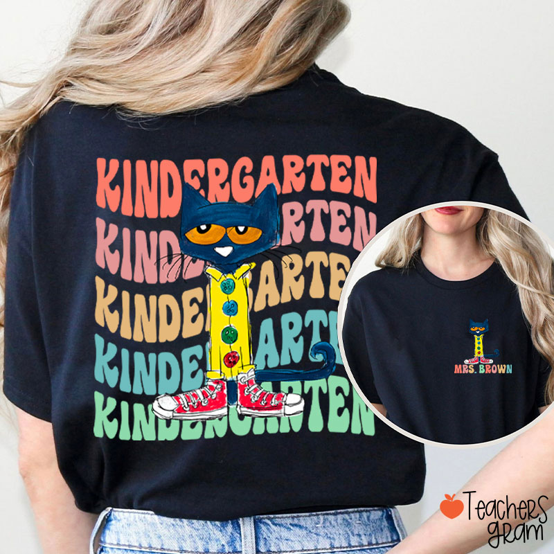 Personalized Name And Grade Cool Blue Cat Teacher Two Sided T-Shirt