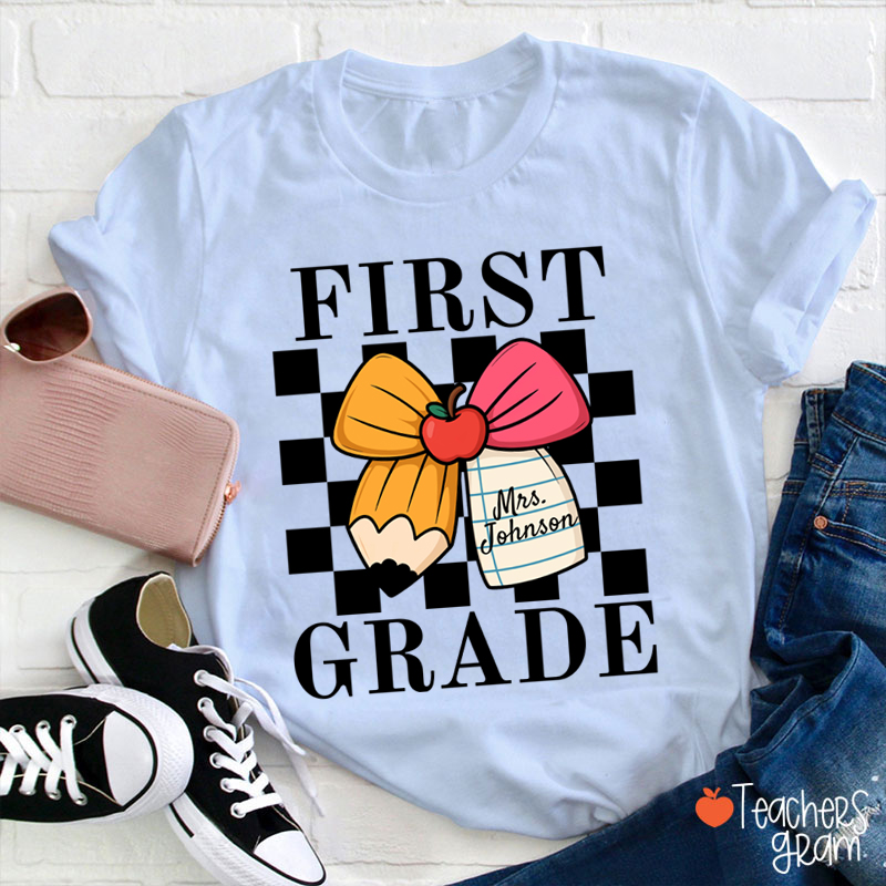 Personalized Grade And Name Pencil Bow Checkered Teacher T-Shirt