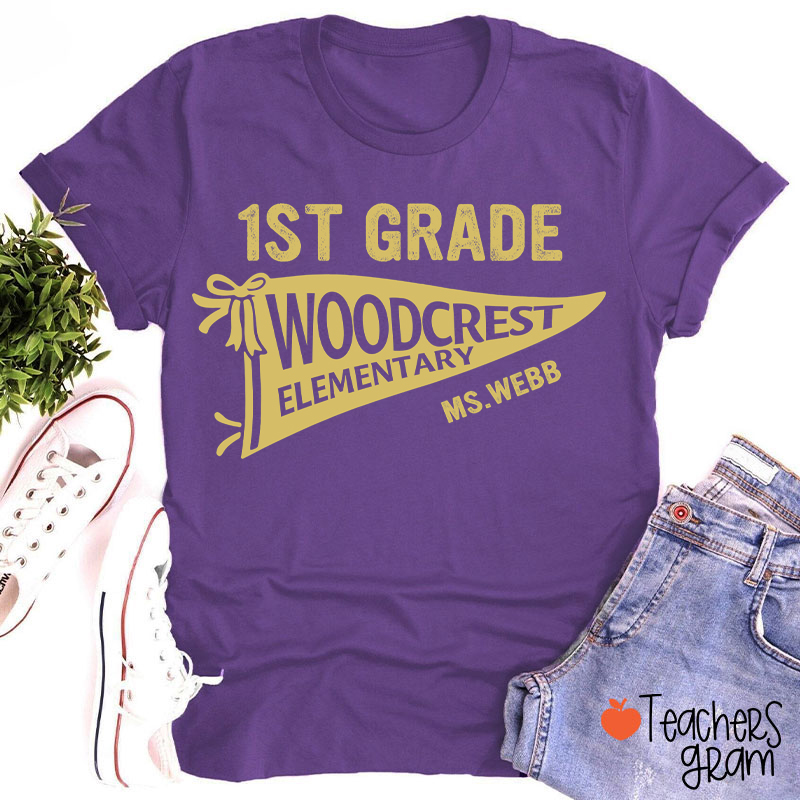 Personalized Grade And School Name Pennant Teacher T-Shirt
