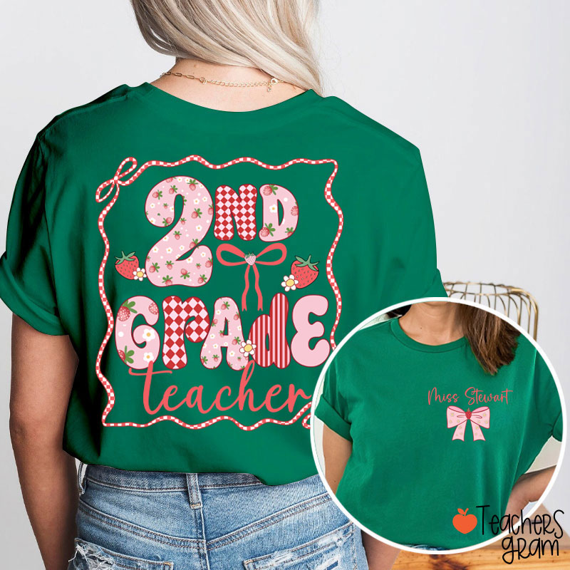 Personalized Name And Grade Strawberry Bow Teacher Two Sided T-Shirt