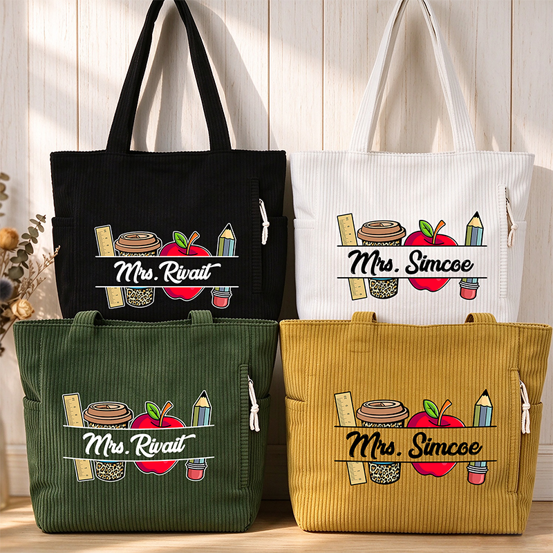 Personalized Name Apple And Coffee Teacher Corduroy Tote Bag
