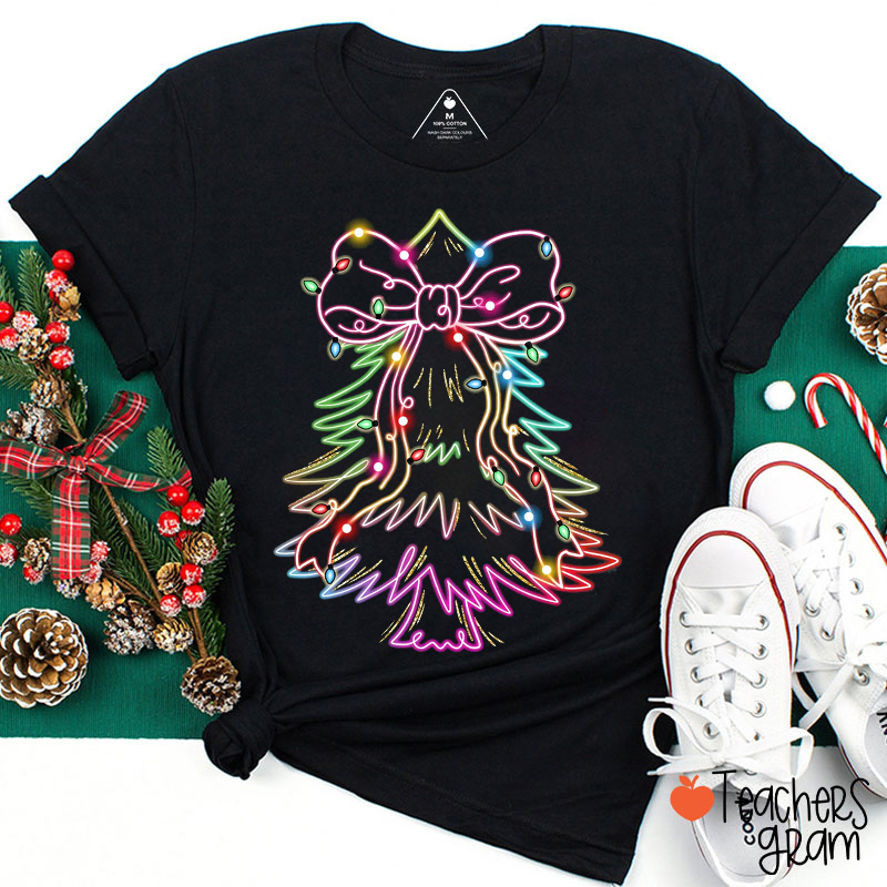 Neon Christmas Tree Coquette Bow Teacher T-Shirt
