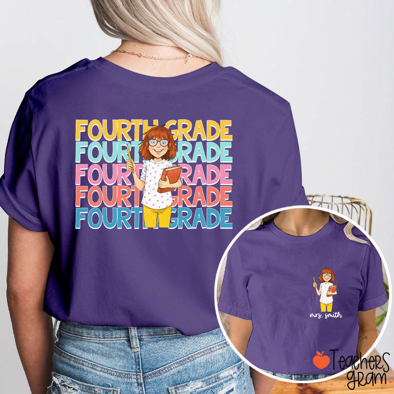 Personalized Grade And Name Cartoon Teacher Reading Teacher Two Sided T-Shirt