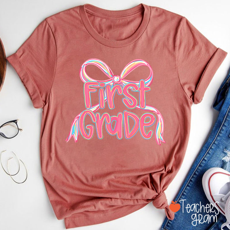 Personalized Grade Pink Bow Teacher T-Shirt