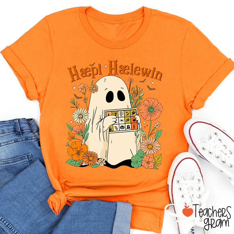 Happy Halloween Ghost With Floral Teacher T-Shirt