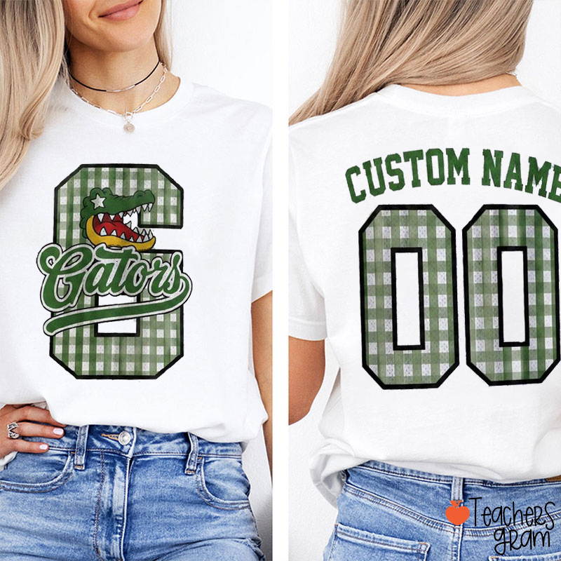 Personalized Mascot Plaid Letter Teacher Two Sided T-Shirt