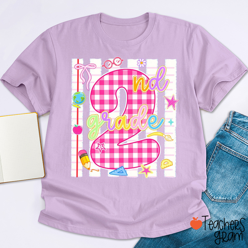 Personalized Notebook Style Pink Checkered Teacher T-Shirt