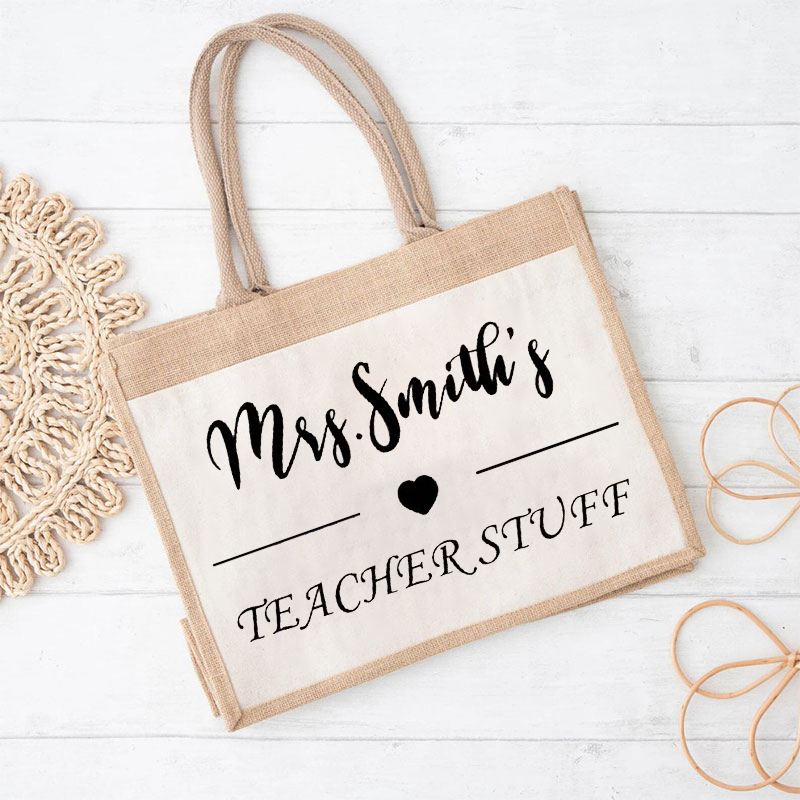 Personalized Name Simple Love Line Teacher Jute Lunch Bag
