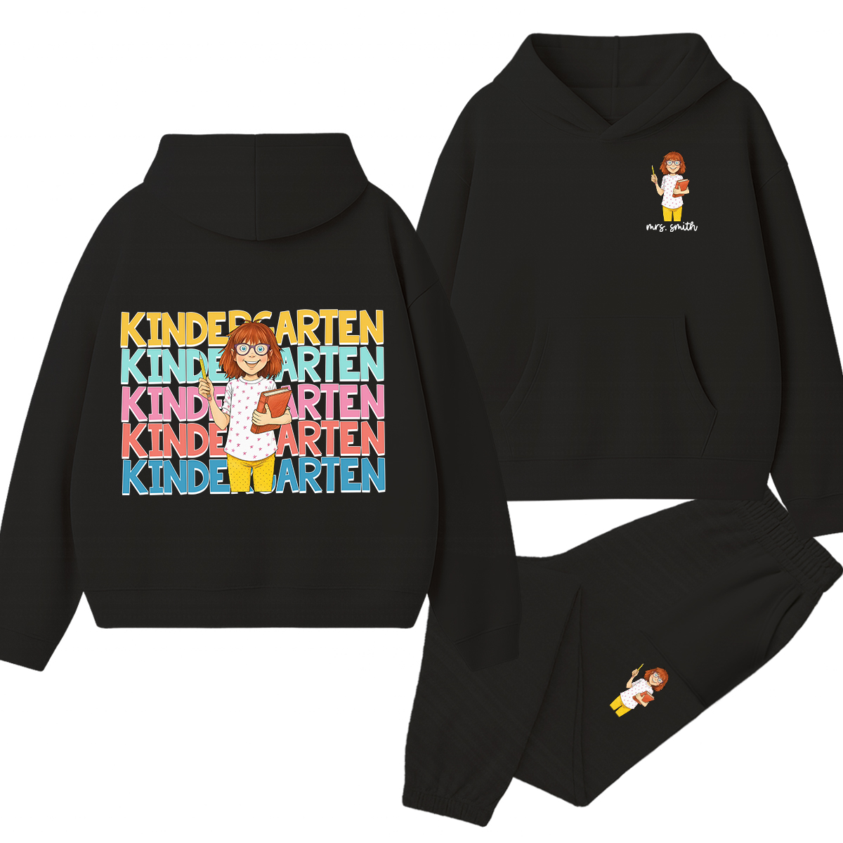 Personalized Grade And Name Cartoon Teacher Reading Teacher Hoodie Set