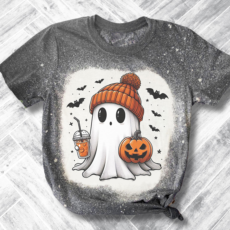 Cute Halloween Ghost Drink Pumpkin Teacher Printed T-Shirt