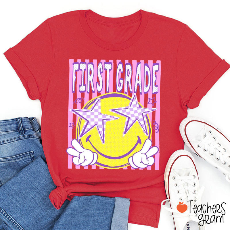 Personalized Grade Peace Sign Smile Face Teacher T-Shirt
