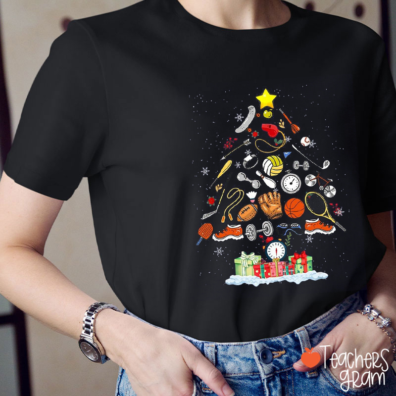 Sports Icons Christmas Tree Teacher T-Shirt