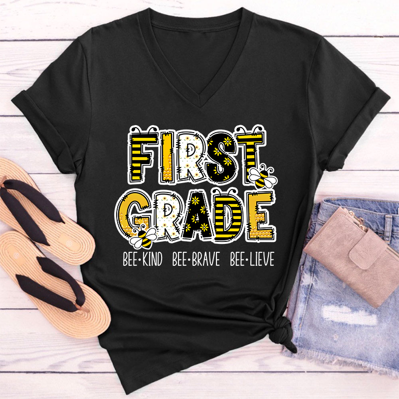 Personalized Grade Funny Bee Font Design Teacher Female V-Neck T-Shirt