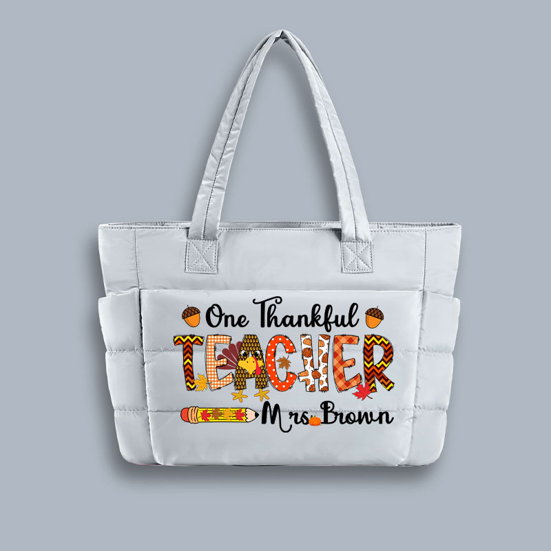 Personalized Name One Thankful Teacher Puffy Tote Bag