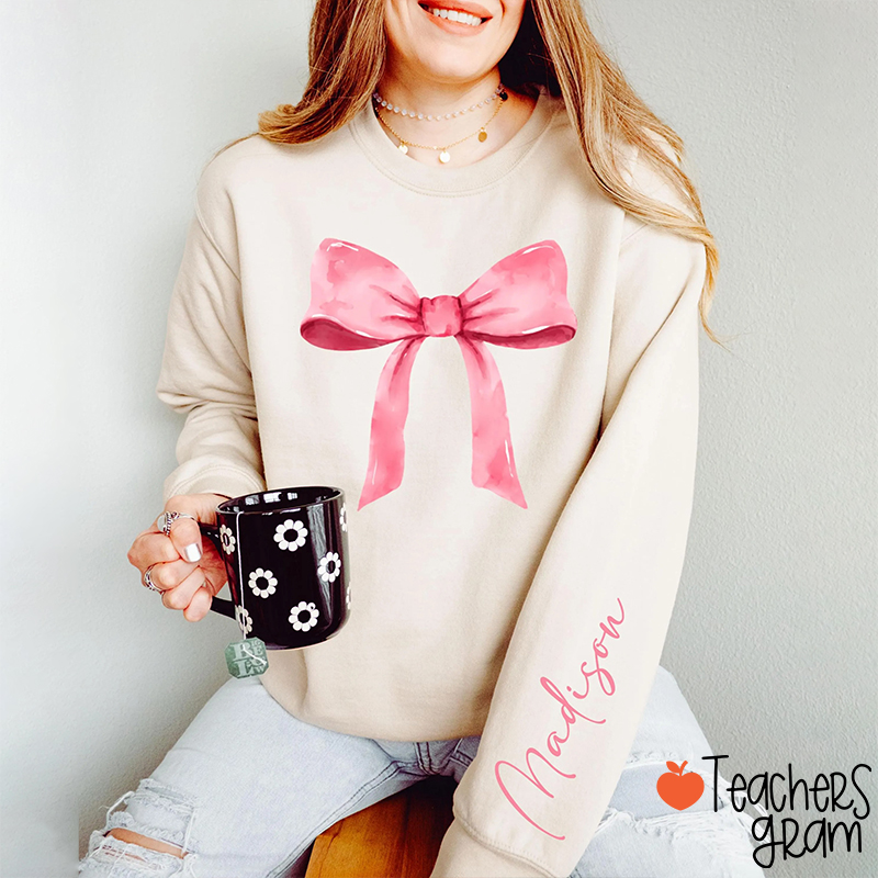 Personalized Name Coquette Bow Valentines Teacher Sleeve Print Sweatshirt