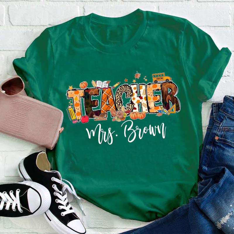 Personalized Name Autumn Crew Teacher T-Shirt