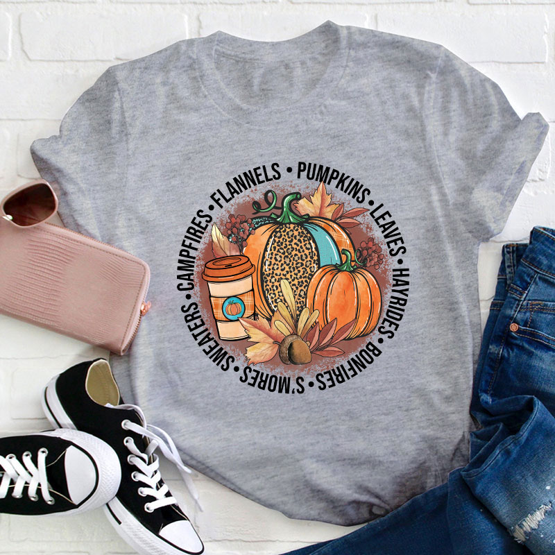 Pumpkin Leaves Hayrides Teacher T-Shirt