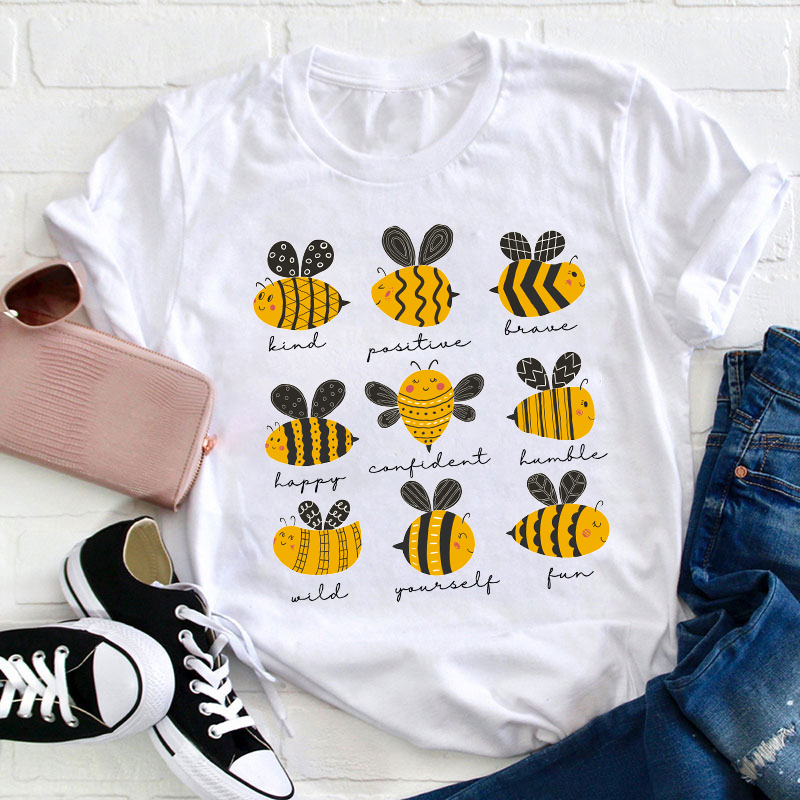 Bee Kind Positive Brave Happy Confident Humble Teacher T-Shirt