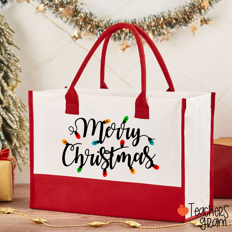 Merry Christmas Colorful Lights Teacher Cotton Tote Bag