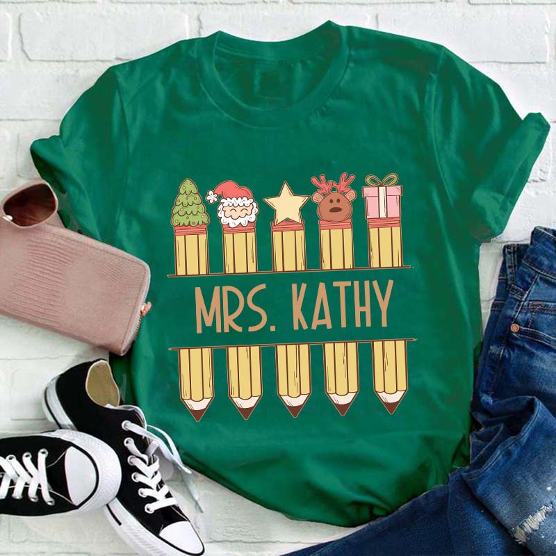 Personalized Name Christmas Pencils Teacher T-Shirt