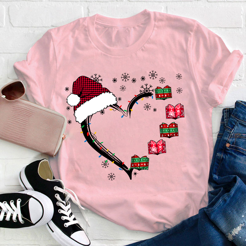 Christmas Books Heart Teacher T-Shirt