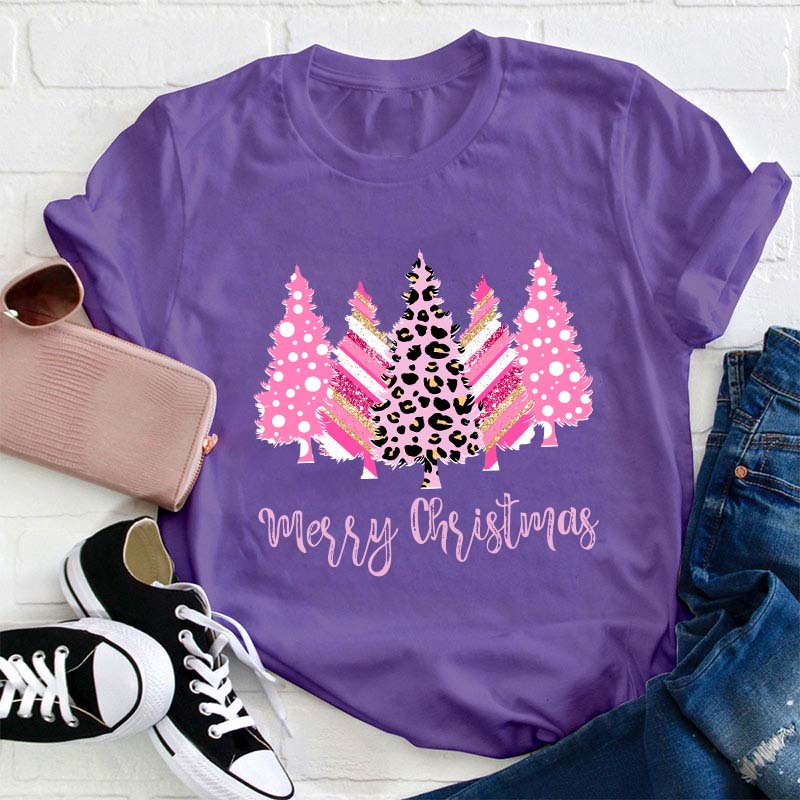 Merry Christmas Pink Christmas Trees Teacher T-Shirt