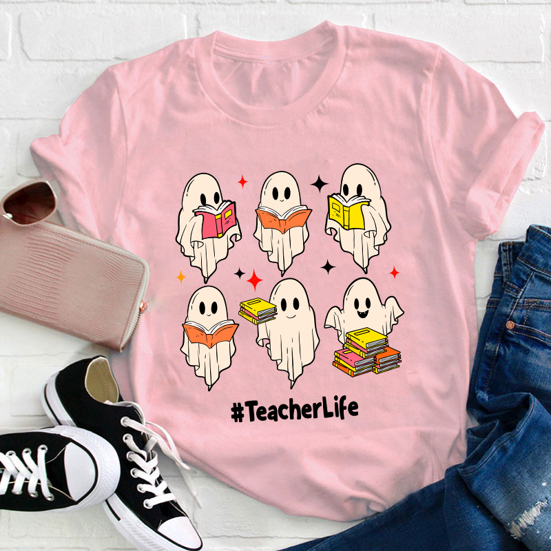 Cute Ghosts Read Books Teacher T-Shirt