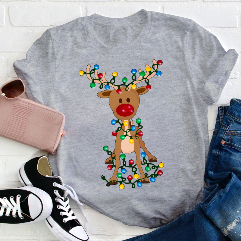 Elk Wrapped In Christmas Lights Teacher T-Shirt