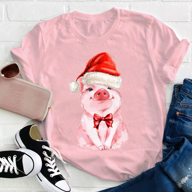 Cute Pig Wearing Christmas Hat Teacher T-Shirt