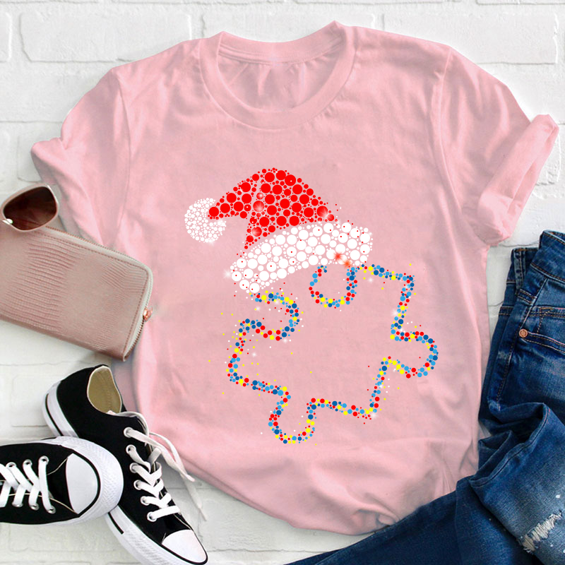 Colorful Puzzle Christmas Hat Teacher T-Shirt