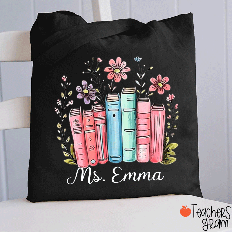 Personalized Name Flower Book Teacher Tote Bag