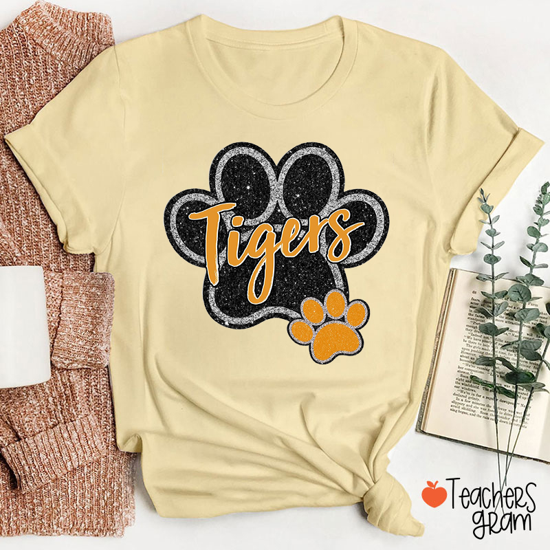 Personalized Mascot Faux Glitter Paw Print Teacher T-Shirt