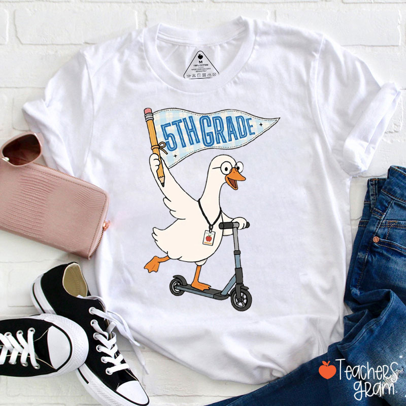 Personalized Grade Silly Goose Scooter Pennant Pencil Teacher T-Shirt