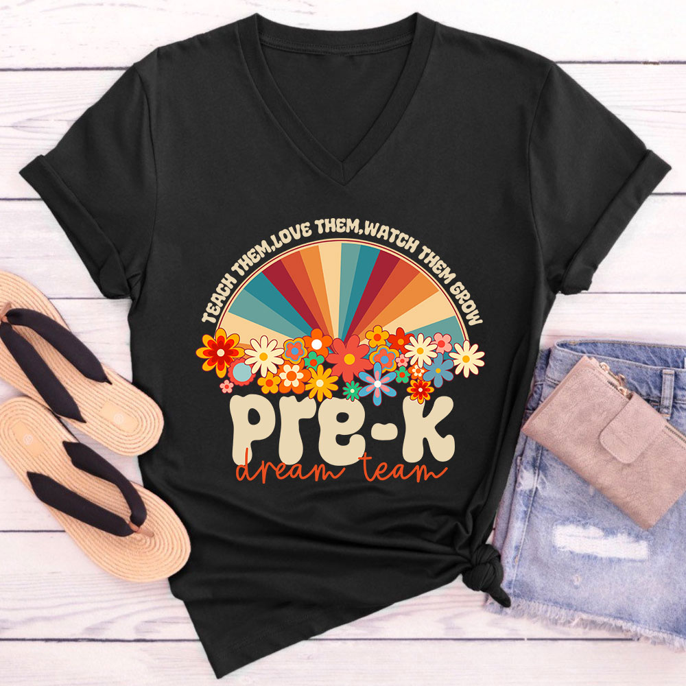 Personalized Teach Love Watch Them Grow Teacher Female V-Neck T-Shirt