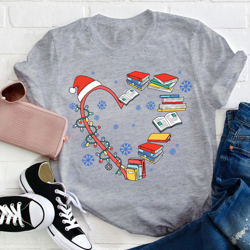 Book Heart Christmas Lights Teacher T-Shirt