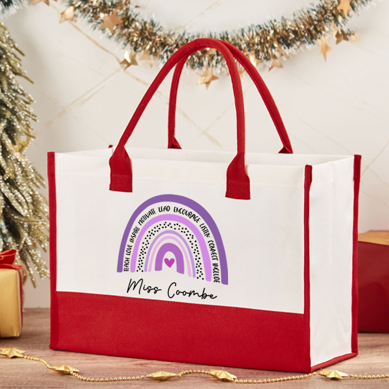 Personalized Purple Rainbow Teacher Cotton Tote Bag