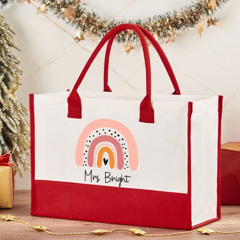 Personalized Pink Rainbow Teacher Cotton Tote Bag