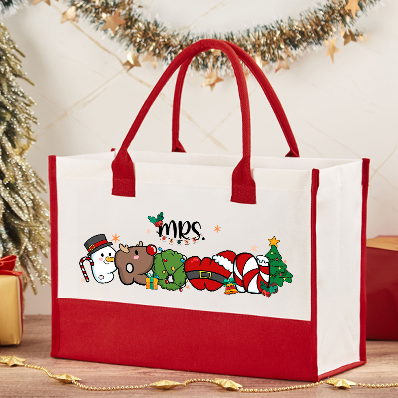 Personalized Name Merry Christmas Teacher Cotton Tote Bag