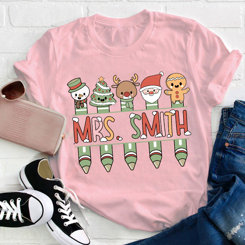 Personalized Name Cute Christmas Pen Teacher T-Shirt